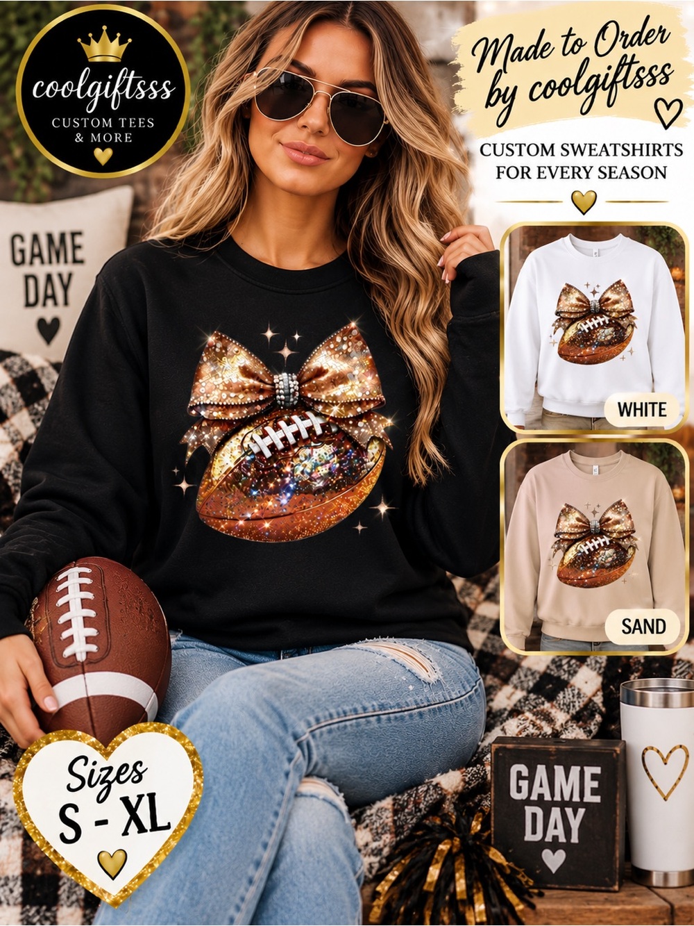 Game Day Football Sweatshirt | Sparkly Faux Rhinestone Football & Bow S M L XL